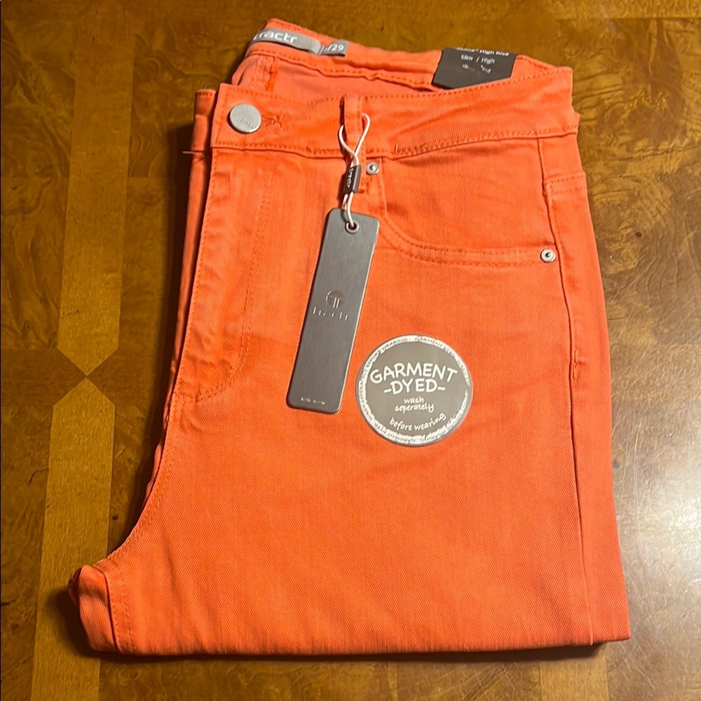 Tractr "Mona" High Rise Bright Hot Coral Garment-Dyed Jeans